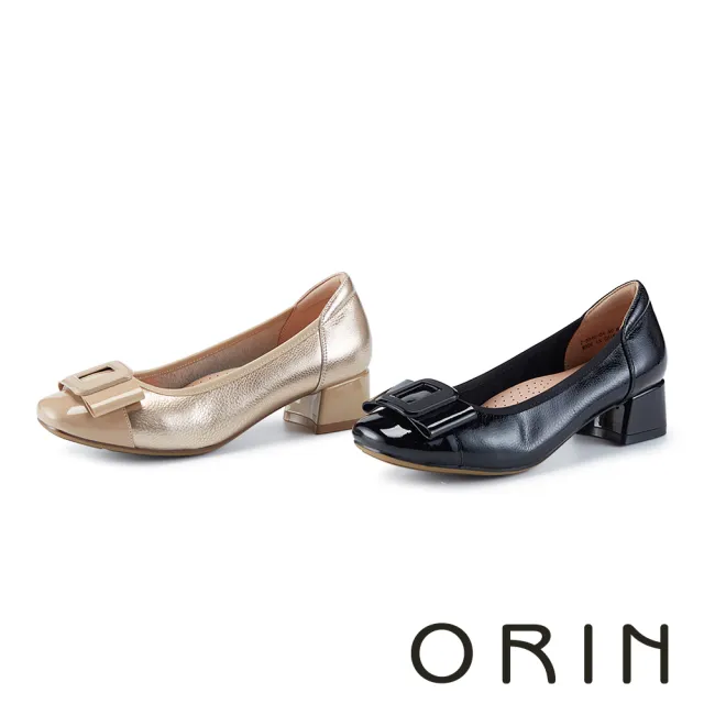 【ORIN】壓紋牛皮方頭蝴蝶結粗跟娃娃鞋(黑色)