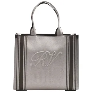 【ROGER VIVIER】品牌立體LOGO壓紋帆布手提包(米/綠色RBWANYA0400NZ71I03)