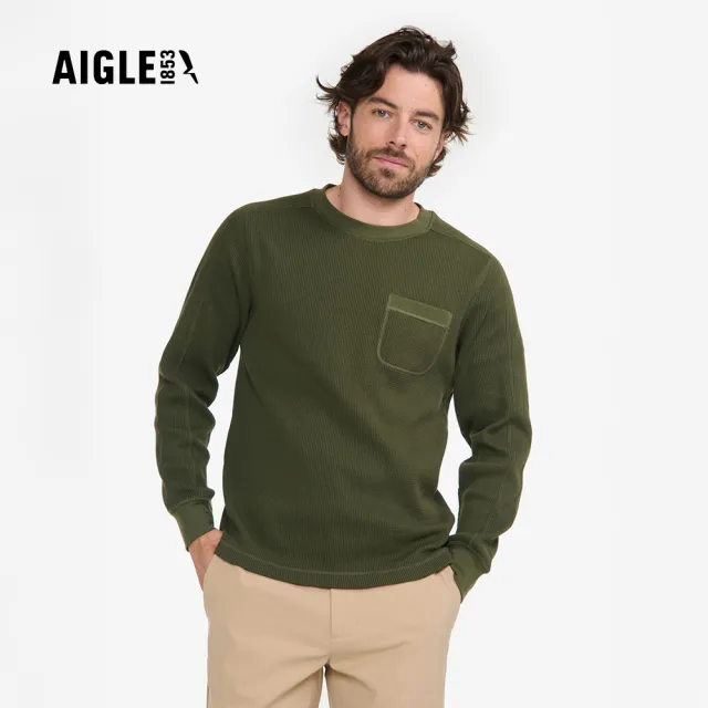 【AIGLE】男 休閒長袖T恤｜AG-4A122A080 軍綠(男裝 長袖 長袖上衣 長袖T恤)