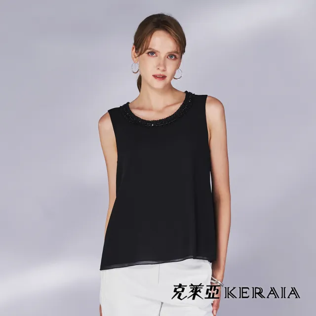 【KERAIA 克萊亞】魅力價-熾夜星光花邊領雪紡背心(M-XXL；兩色)