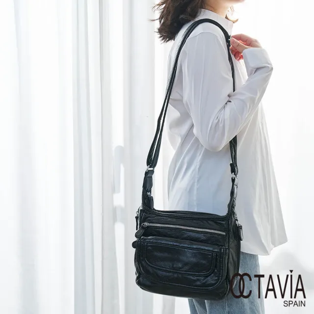 【OCTAVIA 8】雙11 雲柔感 水洗牛皮多口袋肩斜二用包- 軟軟黑
