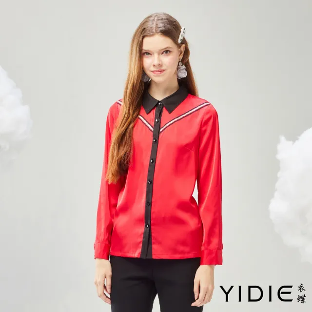 【YIDIE】編織織帶緞面長袖襯衫-紅