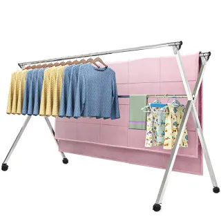 【雙12強打】重力鎖新型專利X型全不鏽鋼三桿伸縮晾曬衣架-2.4米 晾衣架 曬衣桿 伸縮晾衣架 掛衣架