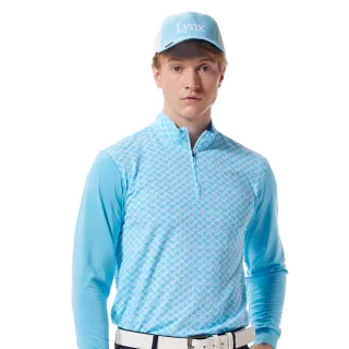 【Lynx Golf】男款吸濕排汗Lynx字樣線條排列印花長袖立領POLO衫/高爾夫球衫(水藍色)