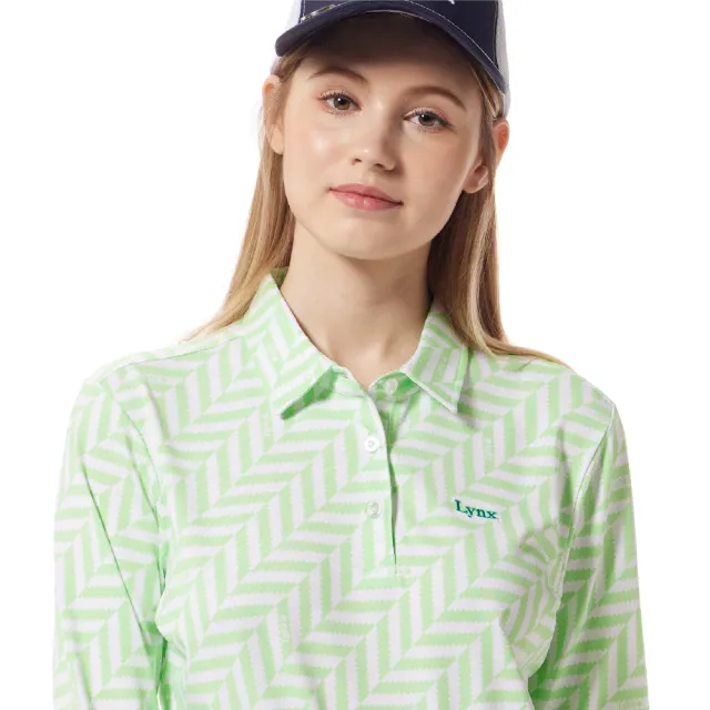 【Lynx Golf】女款吸濕排汗滿版雙色鋸齒狀排列印花造型長袖POLO衫/高爾夫球衫(淺綠色)