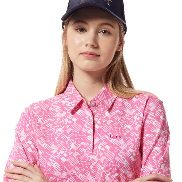 【Lynx Golf】女款吸濕排汗數位潑漆線條風格Lynx字樣繡花長袖POLO衫/高爾夫球衫(桃紅色)