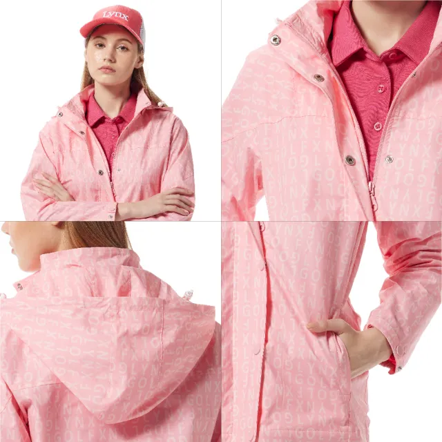 【Lynx Golf】女款舒適保暖防潑水機能滿版LOGO印花拉鍊口袋長袖可拆式連帽外套(二色)