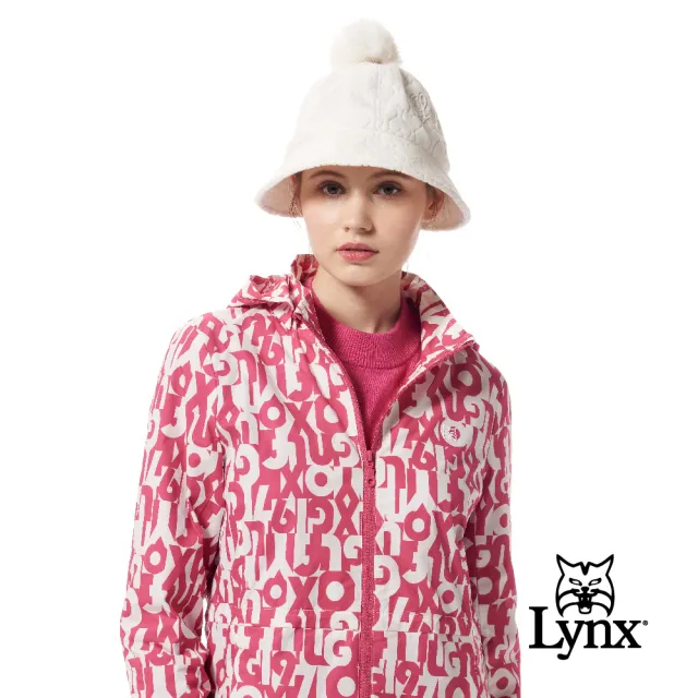 【Lynx Golf】女款舒適保暖防潑水機能滿版跳色LOGO印花拉鍊口袋長袖可拆式連帽外套(二色)