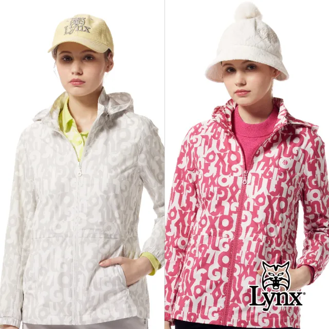 【Lynx Golf】女款舒適保暖防潑水機能滿版跳色LOGO印花拉鍊口袋長袖可拆式連帽外套(二色)
