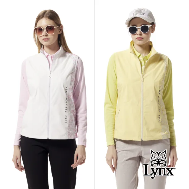 【Lynx Golf】女款保暖舒適磨毛內裡數位印花剪接配布拉鍊口袋無袖背心(二色)