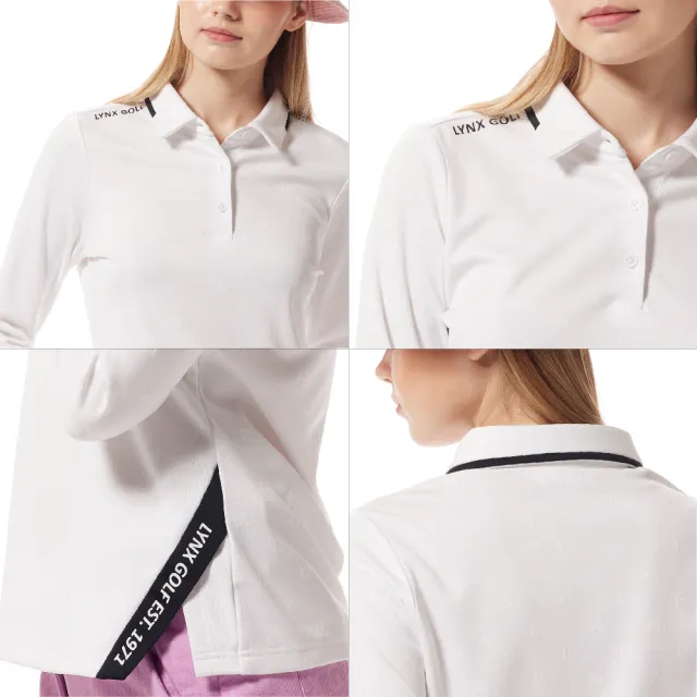 【Lynx Golf】女款合身版吸濕排汗雙面緹花下擺開杈配色領片造型長袖POLO衫/高爾夫球衫(二色)