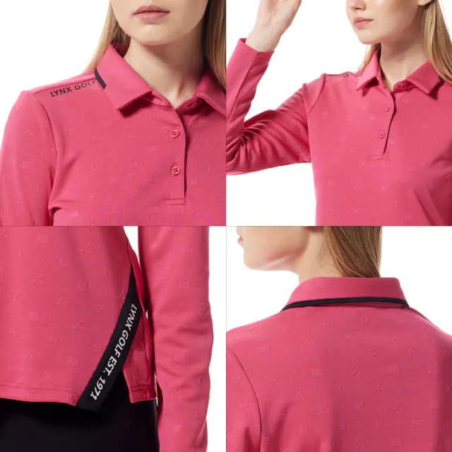 【Lynx Golf】女款合身版吸濕排汗雙面緹花下擺開杈配色領片造型長袖POLO衫/高爾夫球衫(二色)