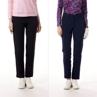 【Lynx Golf】女款彈性舒適壓紋織帶剪接質感金屬貼膜造型前低後高腰圍設計窄管長褲(二色)