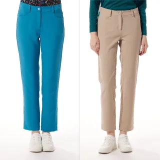 【Lynx Golf】女款日本進口面料速乾抗皺防UV機能後腰織帶剪接造型窄筒九分褲(二色)