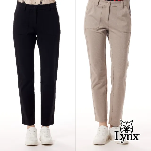 【Lynx Golf】女款日本進口面料彈性舒適抗皺脇邊剪接配條織帶LOGO膠印設計窄管九分褲(二色)