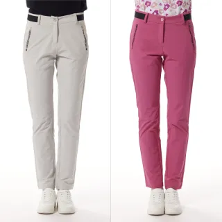 【Lynx Golf】女款抗UV防潑水機能LOGO數位印拉鍊口袋壓紋LOGO織帶剪接窄管九分褲(二色)