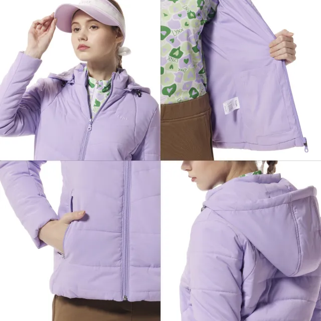 【Lynx Golf】女款舒適鋪棉保暖防潑水壓線造型拉鍊口袋長袖可拆式連帽外套(二色)