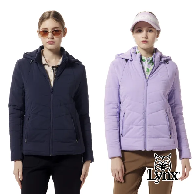 【Lynx Golf】女款舒適鋪棉保暖防潑水壓線造型拉鍊口袋長袖可拆式連帽外套(二色)