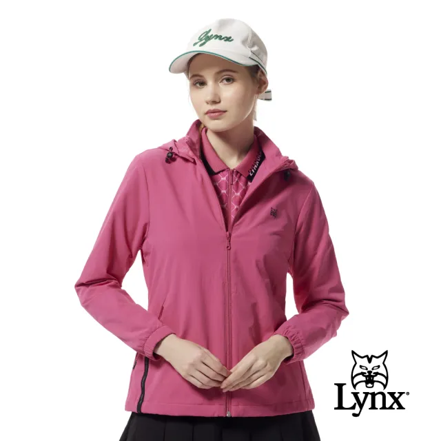 【Lynx Golf】女款彈性舒適抗UV防潑水機能羅紋剪接織帶造型長袖可拆式連帽外套(二色)