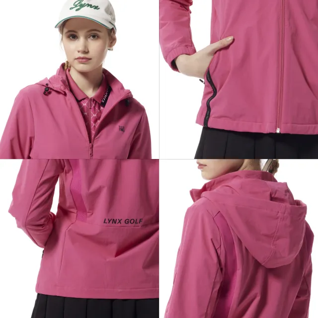 【Lynx Golf】女款彈性舒適抗UV防潑水機能羅紋剪接織帶造型長袖可拆式連帽外套(二色)