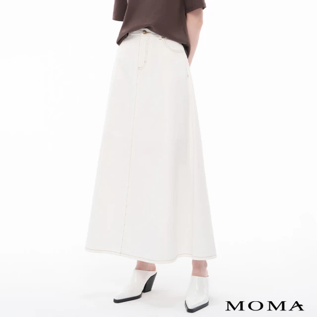 【MOMA】修飾假胯寬A字純棉牛仔長裙(白色)