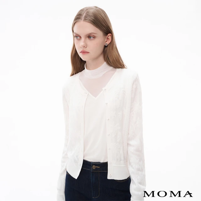 【MOMA】細閃微光滿版緹花蕾絲珍珠釦萊賽爾針織外套(白色)