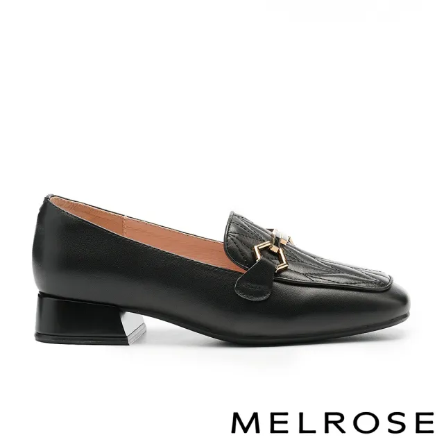 【MELROSE】美樂斯 復古時尚造型釦牛皮樂福方頭低跟鞋(黑)