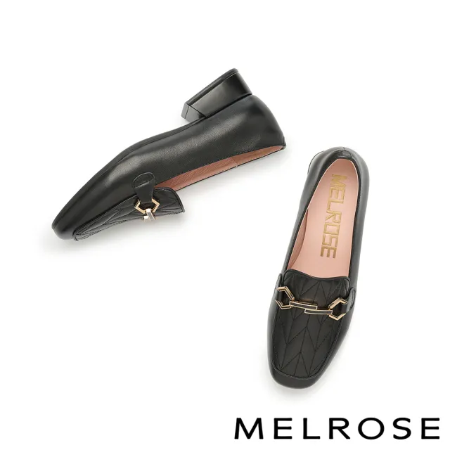 【MELROSE】美樂斯 復古時尚造型釦牛皮樂福方頭低跟鞋(黑)