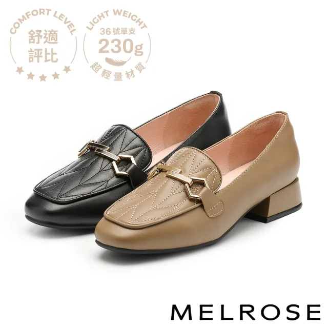 【MELROSE】美樂斯 復古時尚造型釦牛皮樂福方頭低跟鞋(黑)