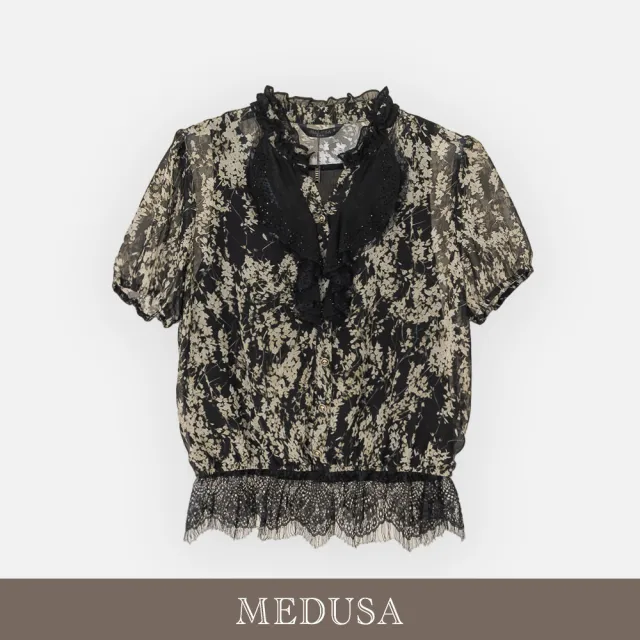 【MEDUSA 曼度莎】現貨-宮廷感印花雪紡蕾絲上衣（M-XL）｜女短袖上衣 蕾絲設計 雪紡上衣(601-5480A)