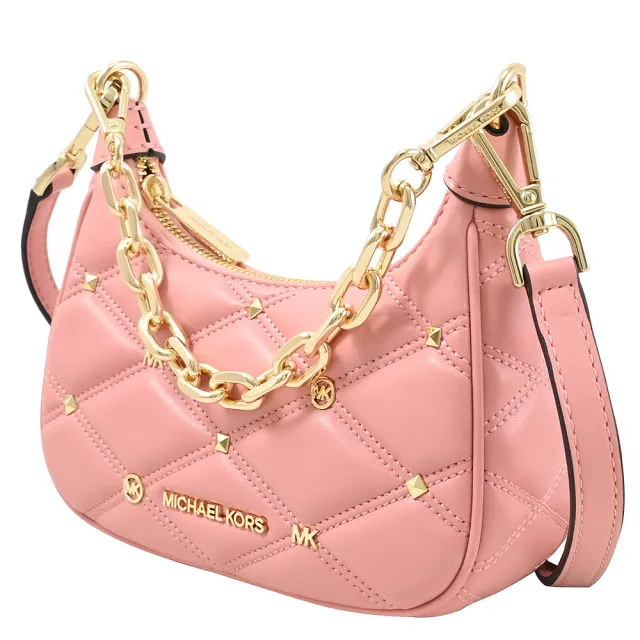 【Michael Kors】金屬LOGO鉚釘裝飾皮革迷你肩斜手提包兩用包(粉)