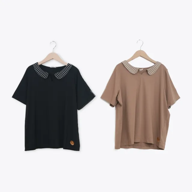 【MOSS CLUB】鬆餅刺繡格紋泡泡布拼接開衩圓領短T(黑 咖)