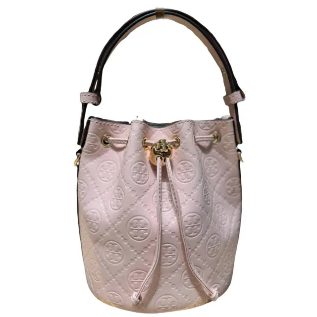 【TORY BURCH】TB T Monogram 浮雕LOGO皮革壓花手提/斜背水桶包(迷你款/櫻花粉/黑色贈原廠防塵袋紙袋)