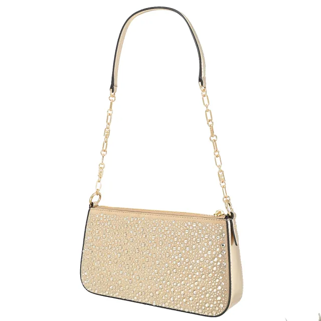 【Michael Kors】經典LOGO水鑽皮革拼接拉鍊手提包肩背包單肩包(金)