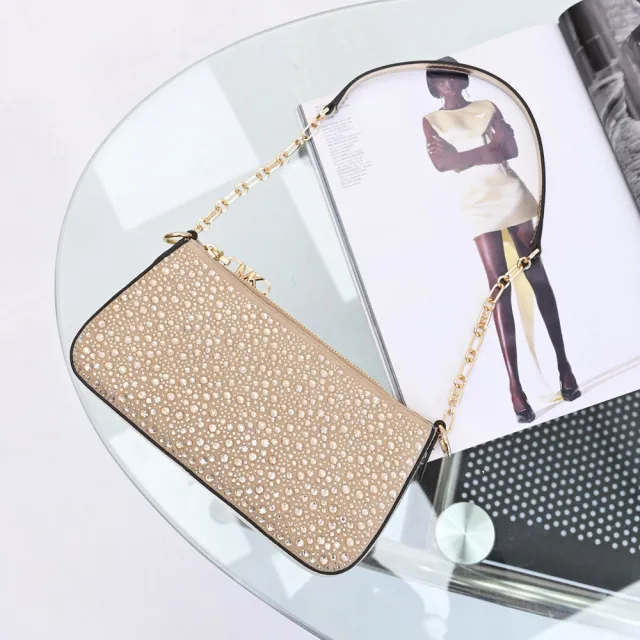 【Michael Kors】經典LOGO水鑽皮革拼接拉鍊手提包肩背包單肩包(金)