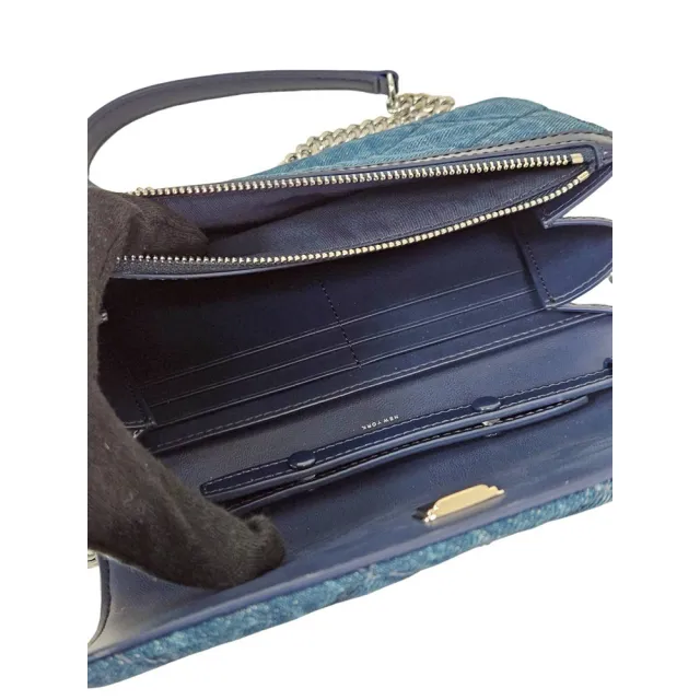 【TORY BURCH】TORY BURCH TB 小香風中號大LOGO牛仔單寧菱格紋WOC(贈原廠防塵袋紙袋)