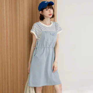 【OB 嚴選】假兩件條紋抽繩收腰吊帶短洋裝 《DA10538》