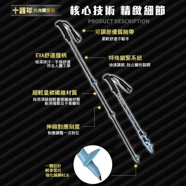 【SELPA】淬鍊碳纖維三節式外鎖登山杖(超值兩入組)