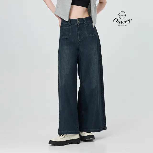 【OUWEY 歐薇】寬版口袋縲縈深色牛仔寬褲(深藍；S-L；3252328628)