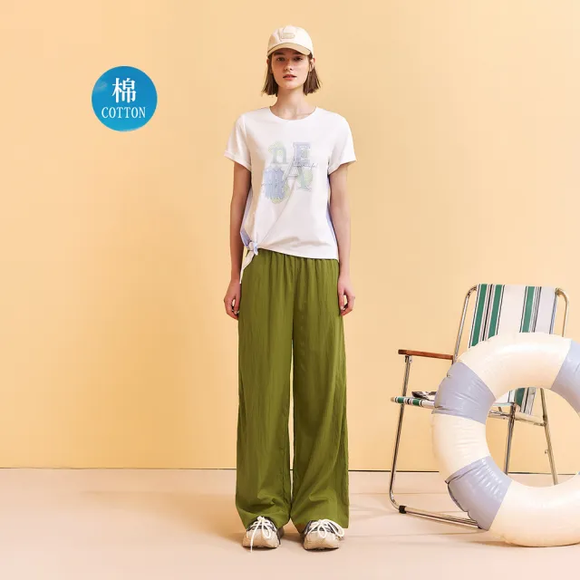 【OUWEY 歐薇】圖形文字異素材拼接打結棉T(白；M-XL；3252391227)