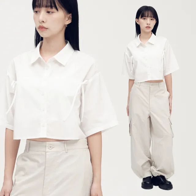 【plain-me】SAAKO 女裝 女襯衫 短版襯衫 短袖上衣 格紋襯衫 抽繩寬袖_SAA3325-252