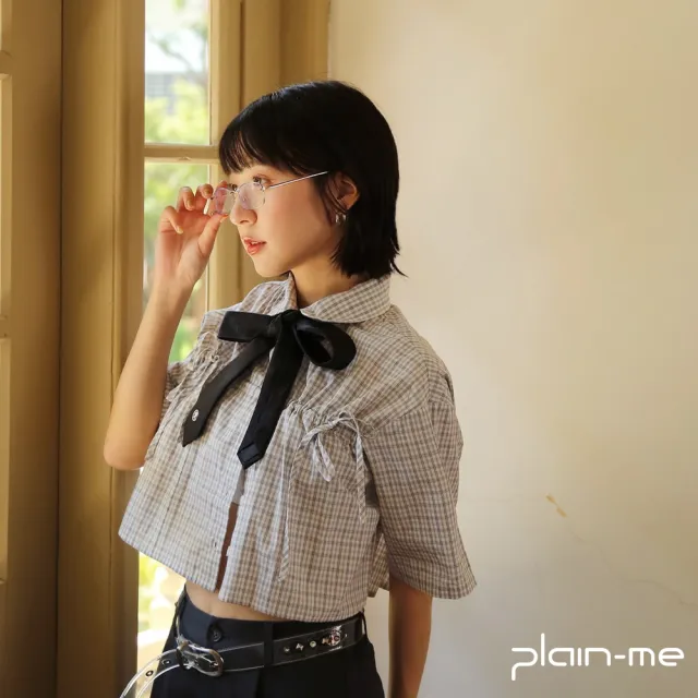 【plain-me】SAAKO 女裝 女襯衫 短版襯衫 短袖上衣 格紋襯衫 抽繩寬袖_SAA3325-252