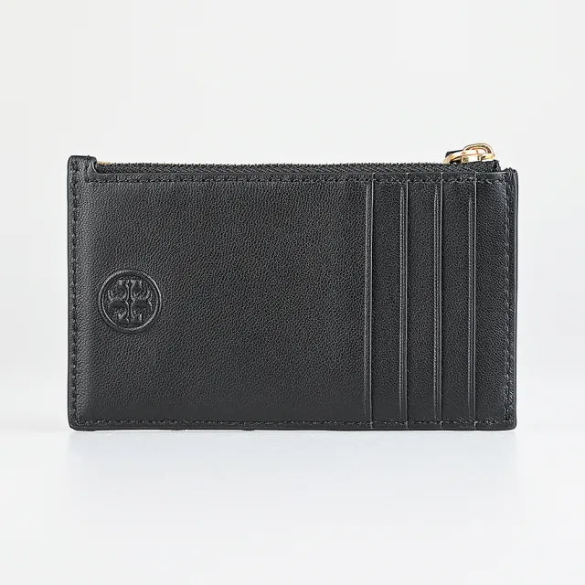 【TORY BURCH】TORY BURCH Fleming 浮雕T字LOGO小羊皮立體斜紋4卡拉鍊零錢卡夾(黑)