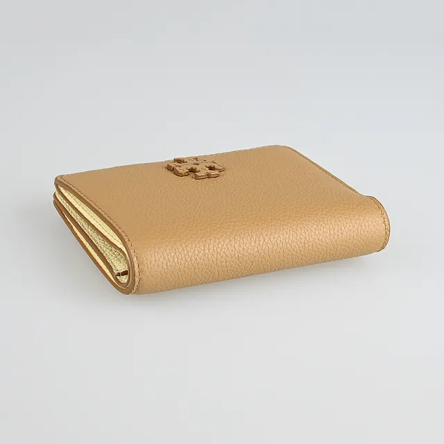 【TORY BURCH】TORY BURCH Mcgraw 皮革T字LOGO小牛皮內搭織布6卡按釦拉鍊袋短夾(提拉米蘇棕)