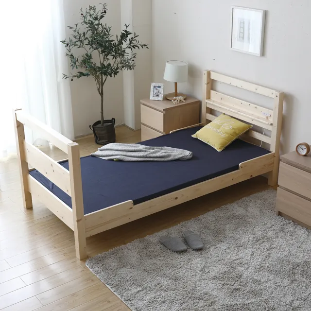 【H&D 東稻家居】艾廉日式清新雙層插座床架組102CM-3件式(松木 床架 木床架 床組 天絲薄墊)