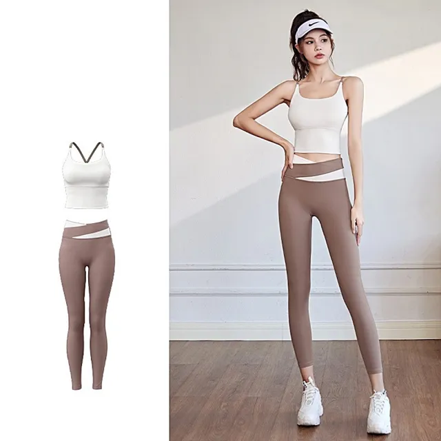 【米蘭精品】現貨+預購  瑜珈服套裝無袖運動服運動上衣瑜伽褲運動內衣(輕盈拼色高腰長褲女休閒服4色74ek2)