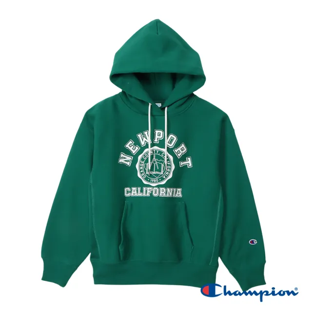 【Champion】官方直營 女款-CASUAL 拉絨印花寬版連帽TEE-綠色