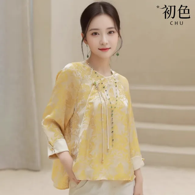 【初色】中國風印花斜襟盤扣前短後長反摺長袖唐裝襯衫上衣女上衣-黃色-14991(M-XL可選)