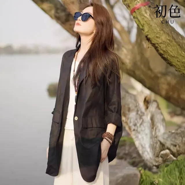 【初色】簡約純色口袋翻領七分袖釦子外套女外套-共4色-14986(M-XL可選)