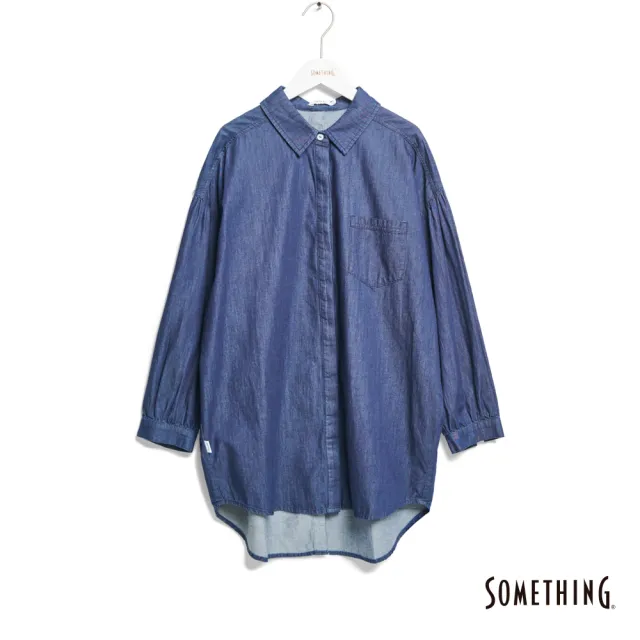 【SOMETHING】女裝 前後開襟長版長袖襯衫(酵洗藍)